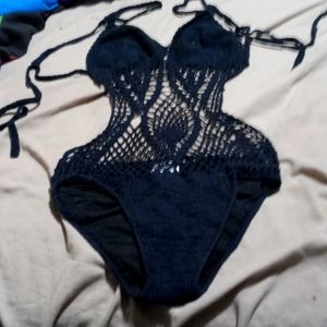 Bnwot black crochet one piece bathing suit. Sz medium